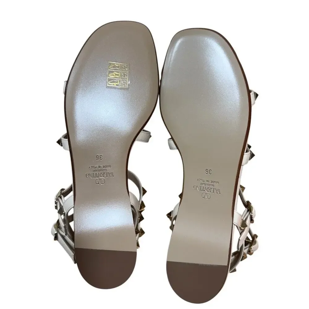 Valentino Garavani Rockstud Caged Leather Slide Sandal Ivory 36